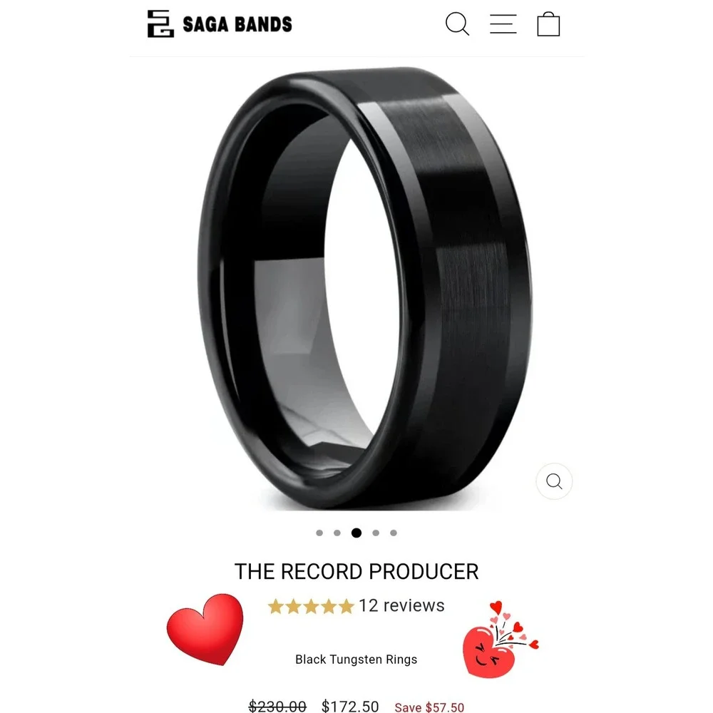 Saga Bands The Record Producer Black Tungsten Ring Mens Wedding Band Size 6 8mm